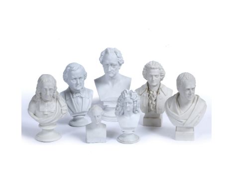 A GROUP OF SEVEN WHITE PORCELAIN PORTRAIT BUSTS depicting various writers and composers, to include Goethe, Wagner, Mozart, H