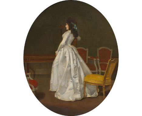 19TH CENTURY SCHOOL full length portrait of a lady wearing a white silk dress standing in a parlor, oil on canvas, unsigned, 