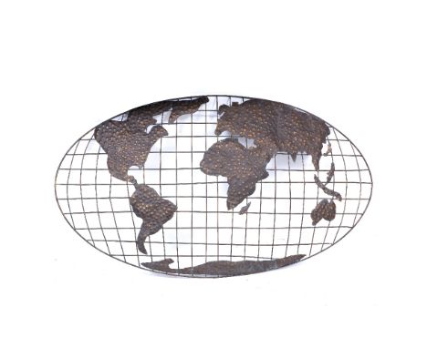 A CUT SHEET METAL MODEL OF A MAP OF THE WORLD 117cm wide