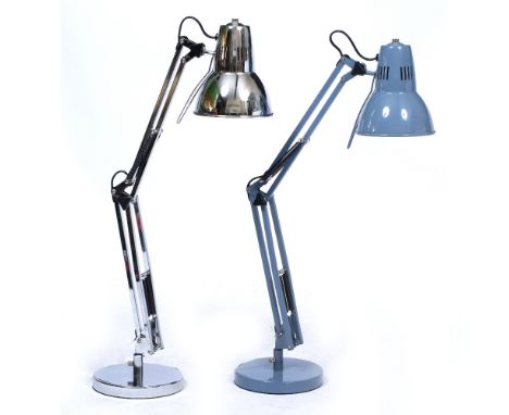 A BLUE PAINTED ANGLEPOISE TYPE ADJUSTABLE DESK LAMP 62cm high together with a similar chrome finish desk lamp (2)