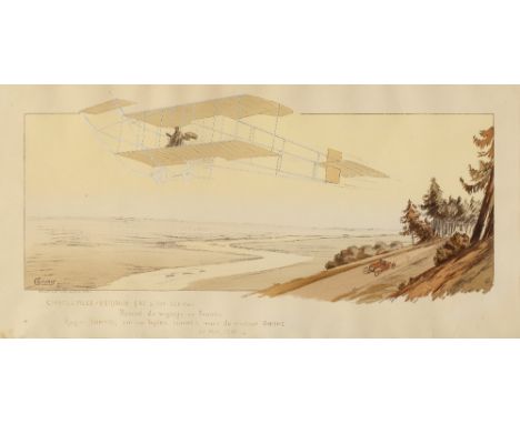 MARGUERITE GAMY (1883 - 1936) 'Roger Sommer in his Sommer Bi-Plane flying over France in the Charleville - Verdun race', lith
