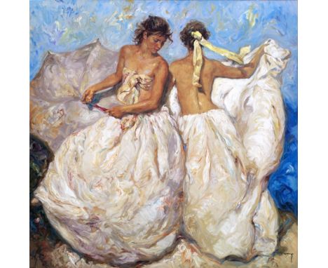 JOSÉ ROYO (b.1945) Two girls in white dresses, serigraph, signed in pen and numbered 67/195, 106cm x 106cmPlease note that th