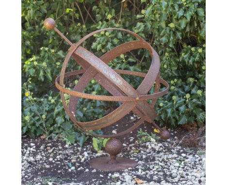 A WROUGHT IRON ARMILLARY SPHERE SUNDIAL 50cm diameter x 68cm high