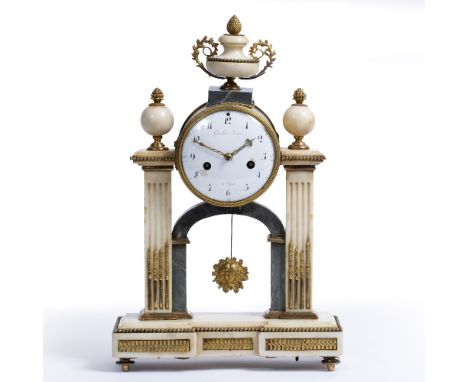 A FRENCH 19TH CENTURY MARBLE AND ORMOLU MOUNTED PORTICO MANTLE CLOCK the decorative case surmounted by turned finials, all su