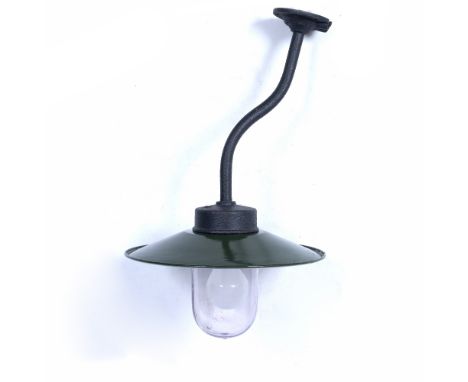 AN INDUSTRIAL LAMP with circular green enamel shade, 29cm diameter x 47cm high