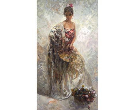 JOSÉ ROYO (b.1945) Girl with a fan, serigraph, signed in pen and numbered 150/150, 141.5cm x 78cmPlease note that this lot ma