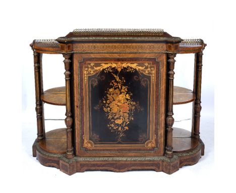 A 19TH CENTURY ENGLISH BURR WALNUT SIDE CABINET by Gillow &amp; Co, the central floral marquetry decorated door flanked by ou