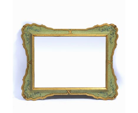 A GREEN AND PARCEL GILT PAINTED VENETIAN WALL MIRROR  with rectangular mirror plate, 72cm wide x 81cm high 