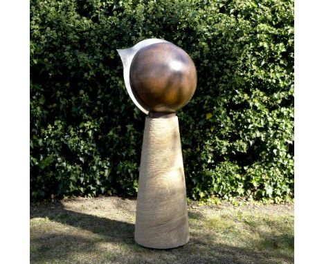 A GARDEN SUNDIAL BY DAVID HARBER in the form of a copper sphere with engraved lions and shaped indicator, 56cm high complete 