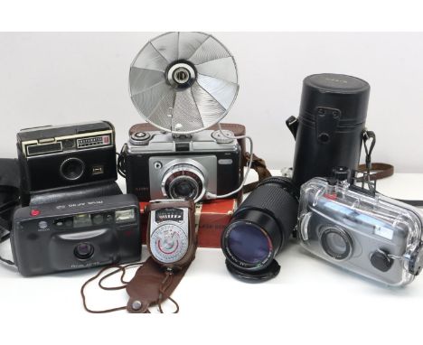 Collection of vintage film cameras and lenses including Minolta, Ilford, Kodak and a waterproof camera. UK P&amp;P Group 3 (£