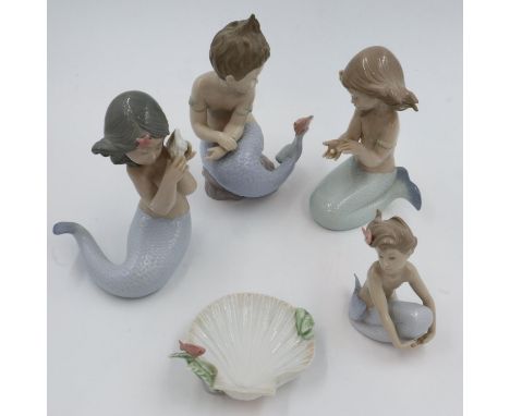 Four Nao Mermaid figurines with an additional oyster shell piece, no chips or cracks, tallest H 24cm. UK P&amp;P Group 3 (£30