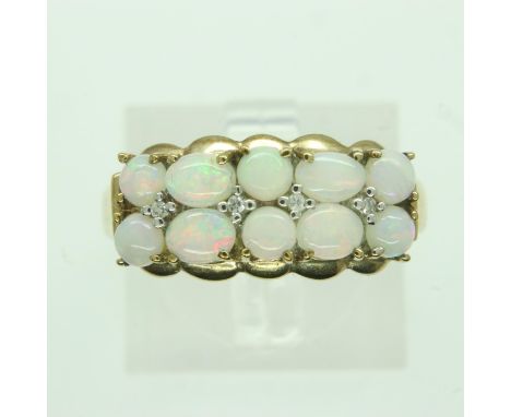 9ct gold ring set with opal and diamonds, size O, 2.4g. UK P&amp;P Group 0 (£6+VAT for the first lot and £1+VAT for subsequen