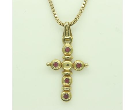 9ct gold stone set cross on a 9ct gold chain, chain L: 45 cm, 6.3g. UK P&amp;P Group 0 (£6+VAT for the first lot and £1+VAT f