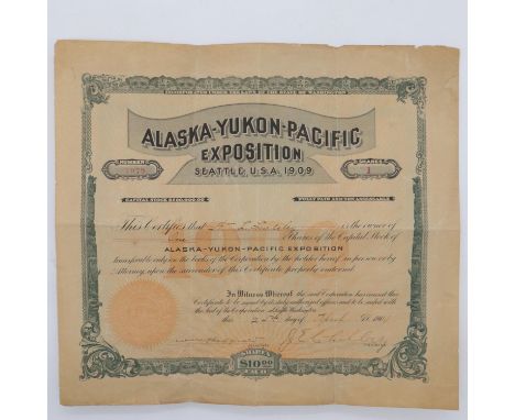 Stock certificate for a single share of the Alaska-Yukon-Pacific exposition, Seattle 1909. UK P&amp;P Group 1 (£16+VAT for th