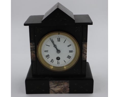 Slate mantel clock with marble inlay, H: 24 cm. UK P&amp;P Group 3 (£30+VAT for the first lot and £8+VAT for subsequent lots)