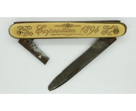 Souvenir twin blade penknife from the Ville De Lyon at the 1894 Exposition, one blade broken. UK P&amp;P Group 1 (£16+VAT for