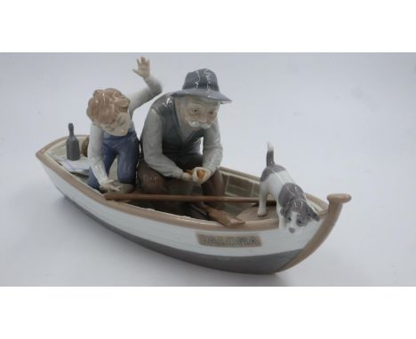 Lladro Fishing With Grandpa figurine, L: 39cm, plastic rod broken, no further damage. UK P&amp;P Group 3 (£30+VAT for the fir