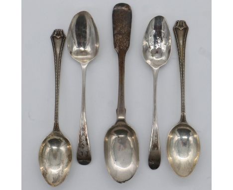 Five assorted hallmarked silver spoons, 73g. UK P&amp;P Group 1 (£16+VAT for the first lot and £2+VAT for subsequent lots) 