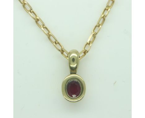 18ct gold chain with ruby set pendant, L: 48 cm, 6.0g.  UK P&amp;P Group 0 (£6+VAT for the first lot and £1+VAT for subsequen