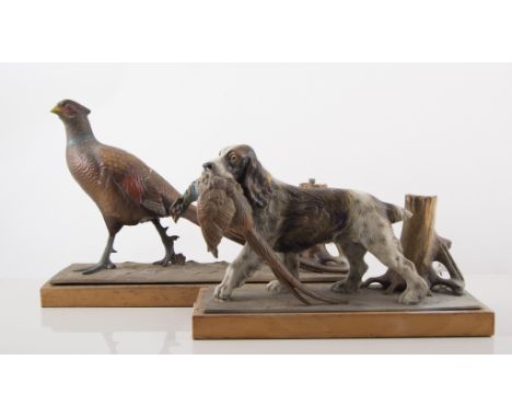 Cold painted table lighter modelled as a Cock Pheasant, with striker, and another cold painted table lighter modelled as a Sp
