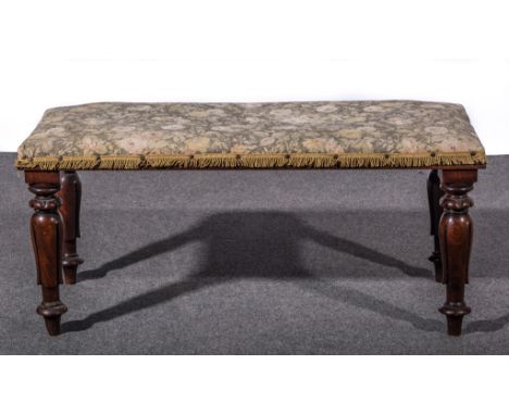 Victorian mahogany duet stool, machine made floral pattern tapestry style upholstery, leaf capped turned legs, 101cm. x 44cm.