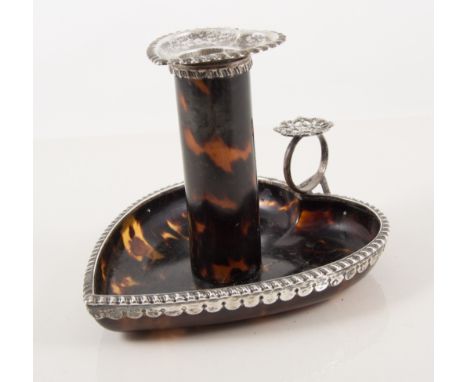 A Victorian silver mounted tortoiseshell chamber stick, the tortoiseshell heart shaped base and 8cm high column silver mounte
