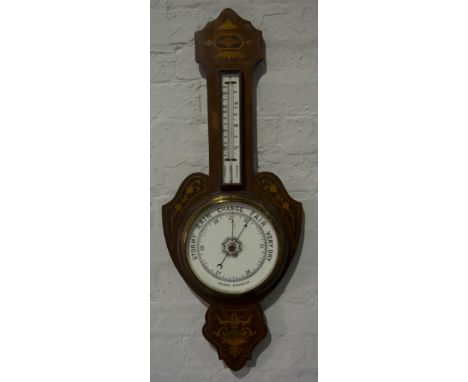Mahogany cased aneroid banjo barometer/thermometer, inlaid case in the Adam style, 19cm dial, case 82cm.