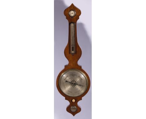 Victorian rosewood banjo barometer, silvered dial with thermometer over, 104cm.