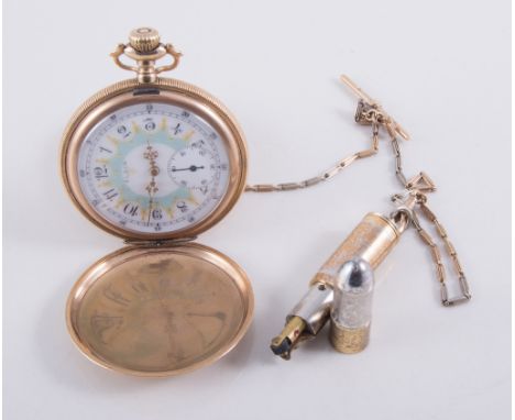 A gold-plated Elgin full hunter pocket watch and albert, decorative white enamel dial with arabic numerals and outer minutes 