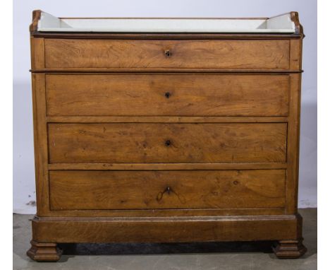 Continental walnut washstand, rectangular top with three quarter gallery, marble inset, fitted with four long graduating draw