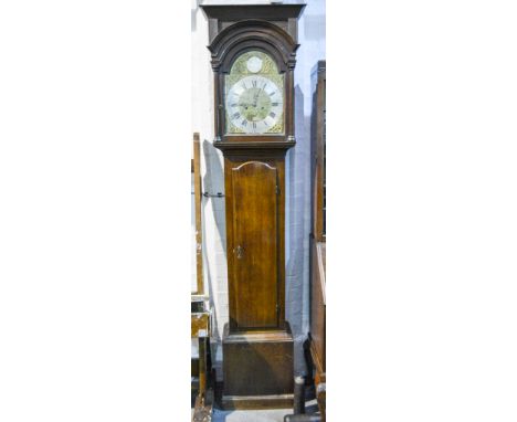 Oak longcase clock, cavetto cornice above a moulded arch, the hood with three quarter columns, long arched door, plinth base,