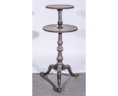 A Victorian mahogany two tier whatnot, tripod legs, 46cm diam, height 110cm