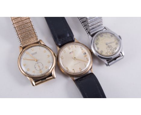 Three gentleman's wrist watches, a Rotary "Maximus"with circular arabic dial and subsidary seconds dial in a yellow metal cas