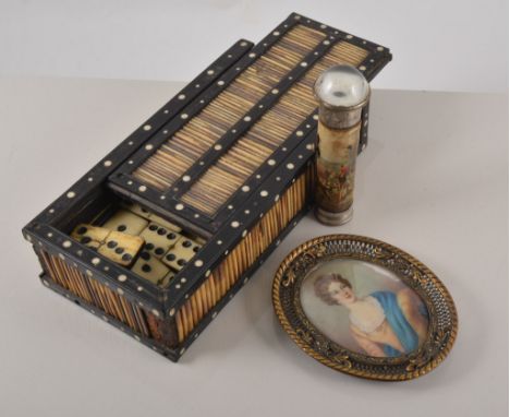 Bygones and Collectables, quill box with dominoes, old torch, leather case containing a pair of boot pulls with bone handles,