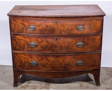 Victorian mahogany bow-front chest of drawers, fitted with two short and three long graduating drawers, shaped apron piece, s