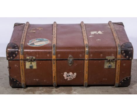 Wood and leather bound travelling trunk, linen lined interior with tray, made by The Bag Store, Leicester, applied with numer