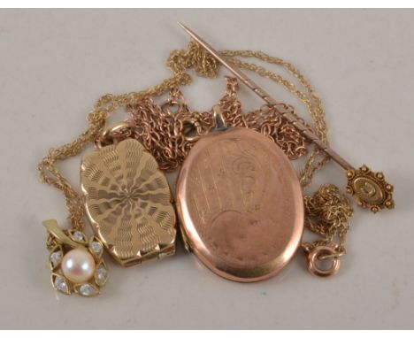  9 carat gold locket on a chain, another rose gold coloured locket, cultured pearl pendant on chain and a small stick pin. (4