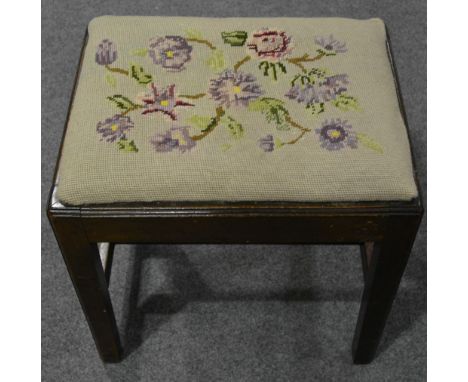 Needlework top stool, square section supports joined by H-shaped stretcher