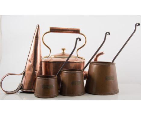 Copper helmet-shaped coal-skuttle, with a swing handle, 36cm, kettle, cider measures, brass tray, door knockers, and other me