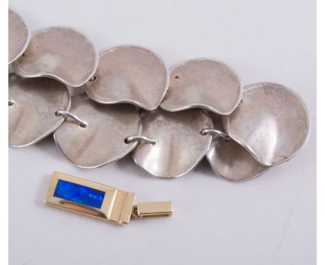 Scandanavian jewellery, a pale blue enamelled necklace with new moon shaped links, a royal blue enamel shell design bracelet,