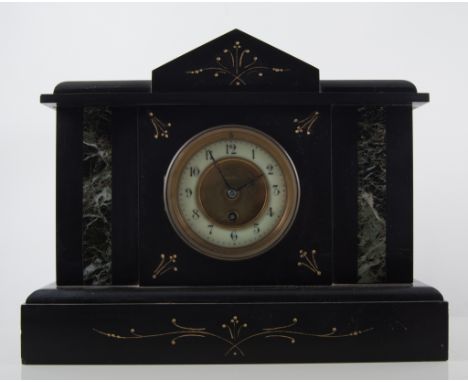 Victorian slate and marble mantel clock, architectural form, circular dial, French cylinder movement, 37cm.