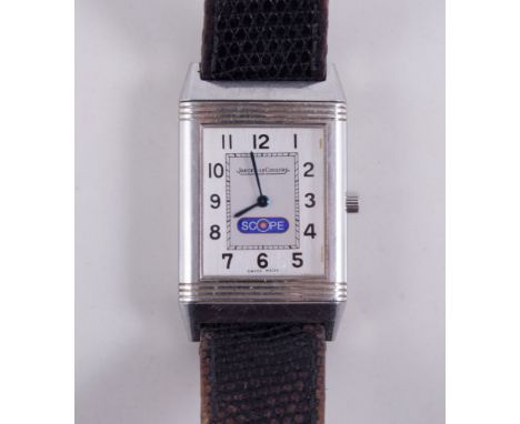 Jaeger LeCoultre - a stainless steel reverso wrist watch, rectangular arabic dial, 20mm x 17mm, with a "Scope" logo, personal