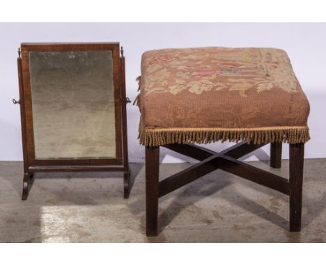 Rectangular dressing table mirror, and an upholstered oak framed stool, (2).
