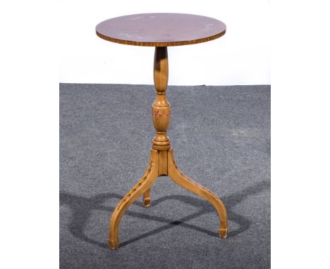 George III style satin walnut and satin beech tripod table, by Restall, Brown & Clennell, circular top painted with roses, ba