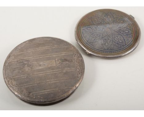 Sterling Niello ware, slimline powder compact, 3.7oz gross, and silver pot lid, (2).