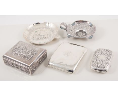 Dutch silver box, embossed lid, stamped 90, 10cm; a Dutch white metal ashtray embossed with figures, damaged, metal ashtray, 