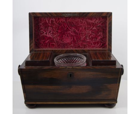 Victorian coromandel tea caddy, brass stringing, fitted interior, 39cms.