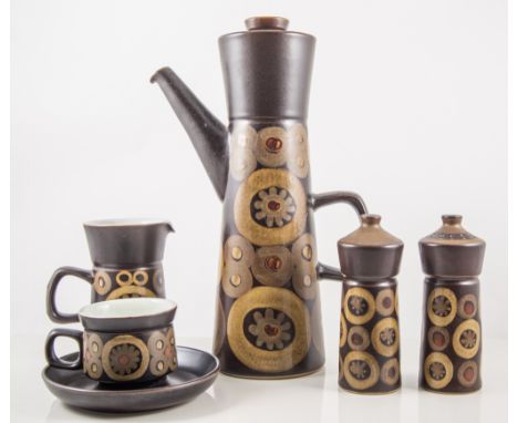 Denby pottery coffee and tea service in the "Arabesque" design, including two coffee pots, cups, saucers with side plates, co