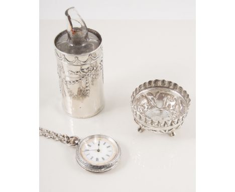 Silver open face fob watch on a long chain, white enamel dial with a roman numeral chapter ring and gilt decoration, engraved