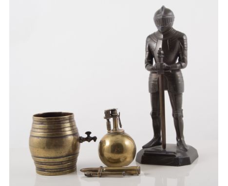 Brass grenade lighter, a Knight lighter (af), barrel bar lighter and a bullet lighter, (4).